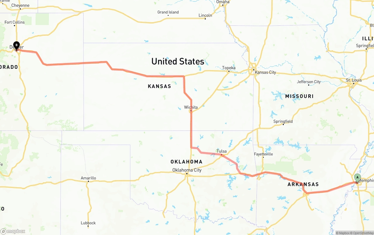 Shipping route from Memphis to Denver