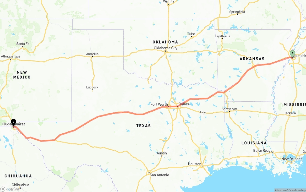 Shipping route from Memphis to El Paso