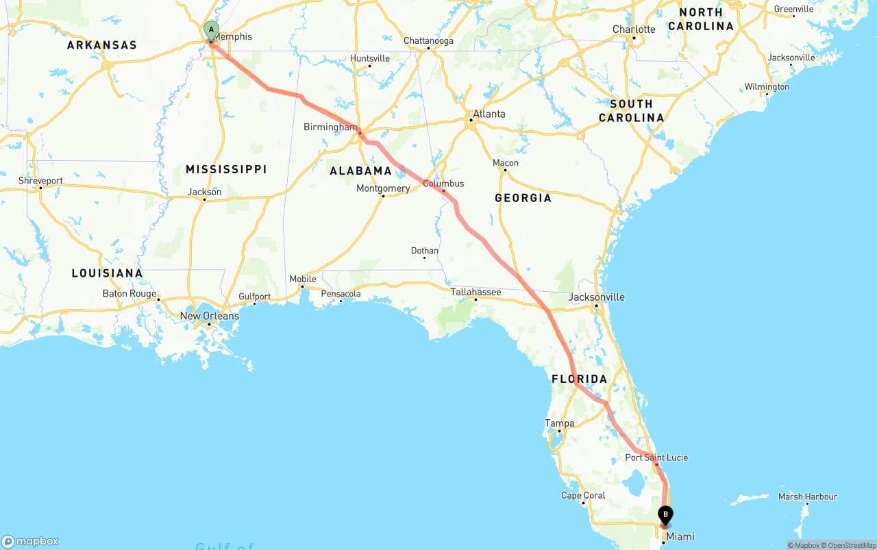 Shipping route from Memphis to Fort Lauderdale-Hollywood International Airport