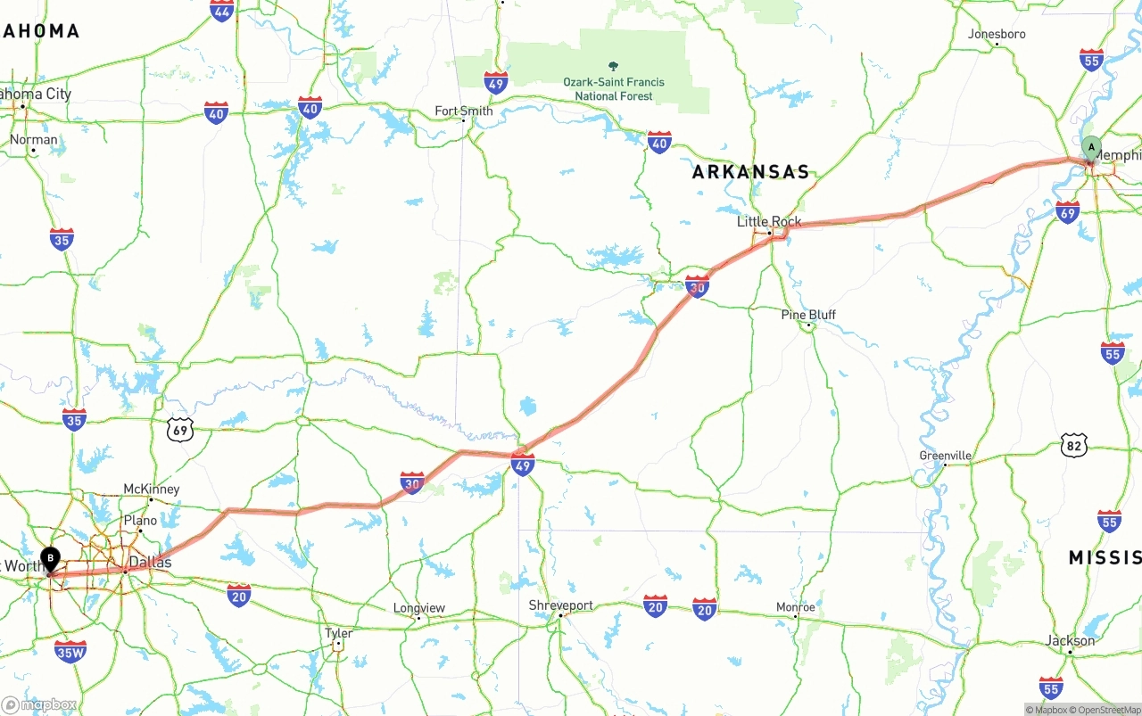 Shipping route from Memphis to Fort Worth