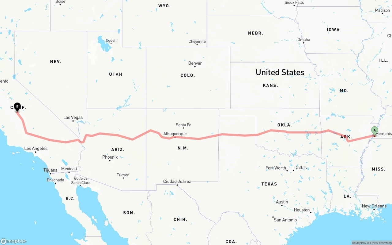 Shipping route from Memphis to Fresno