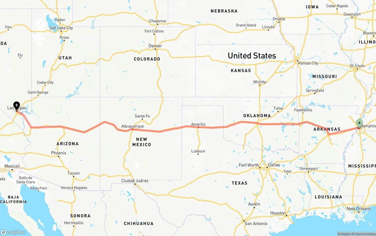 Shipping route from Memphis to Las Vegas