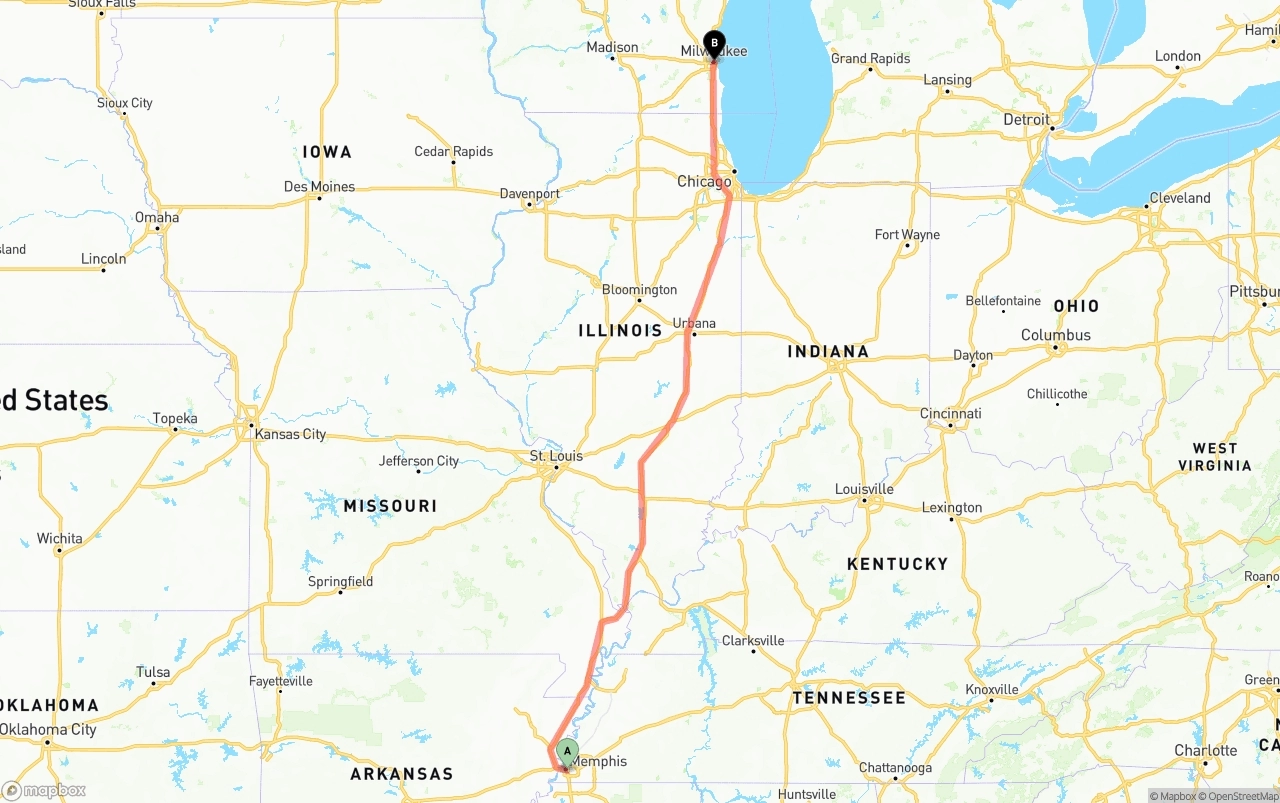 Shipping route from Memphis to Milwaukee