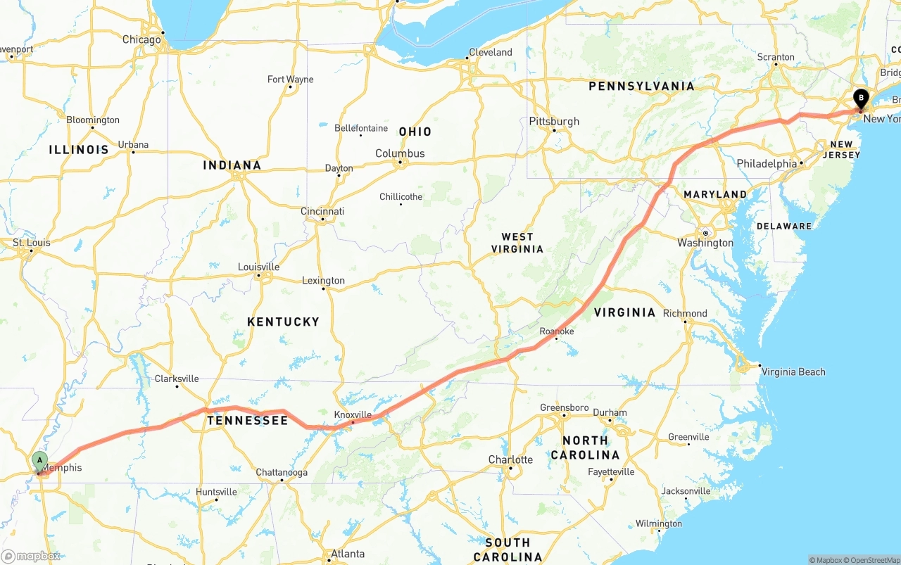 Shipping route from Memphis to New York City
