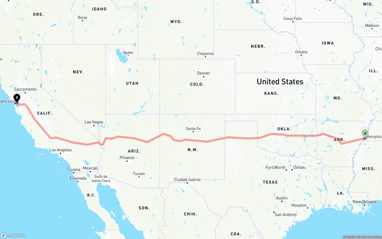 Shipping route from Memphis to Oakland