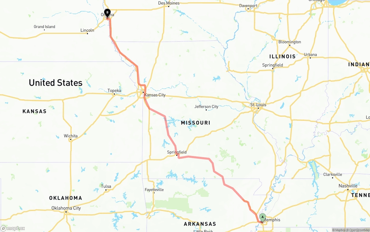 Shipping route from Memphis to Omaha