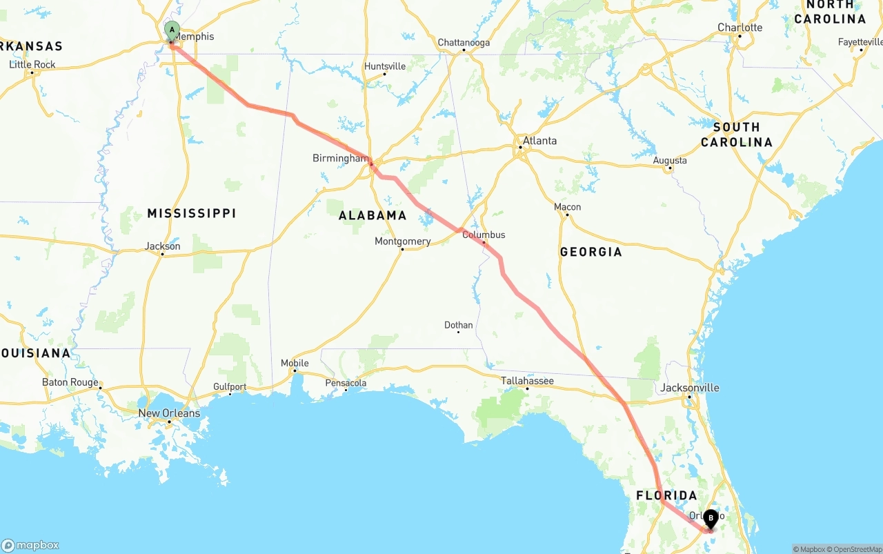 Shipping route from Memphis to Orlando International Airport