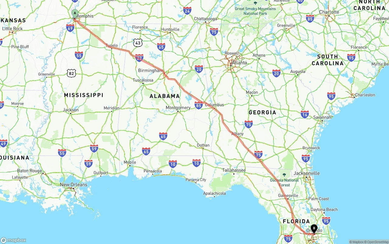 Shipping route from Memphis to Orlando