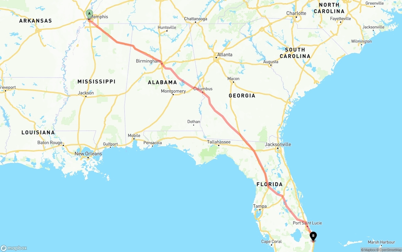 Shipping route from Memphis to Palm Beach International Airport