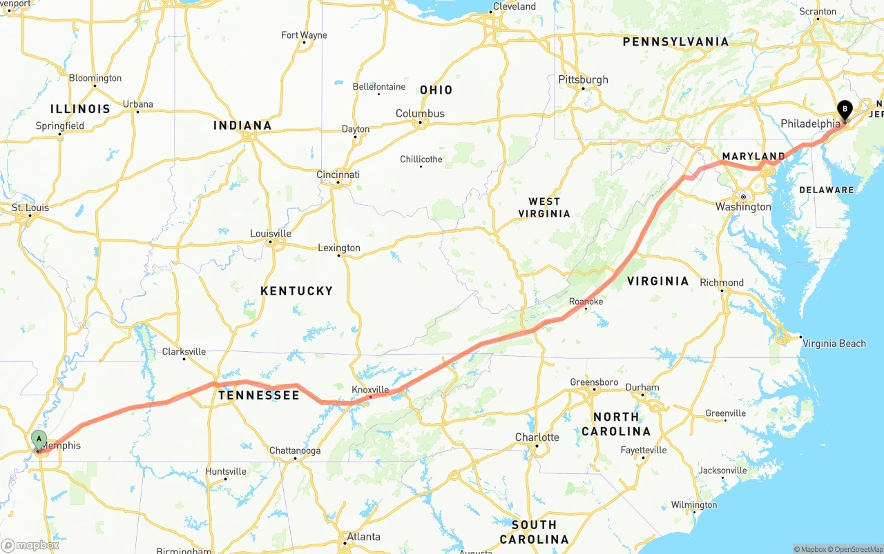 Shipping route from Memphis to Philadelphia