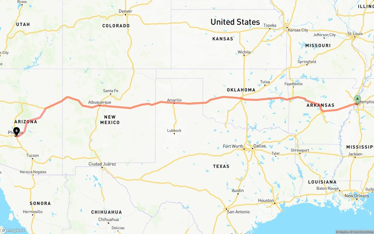 Shipping route from Memphis to Phoenix Sky Harbor International Airport