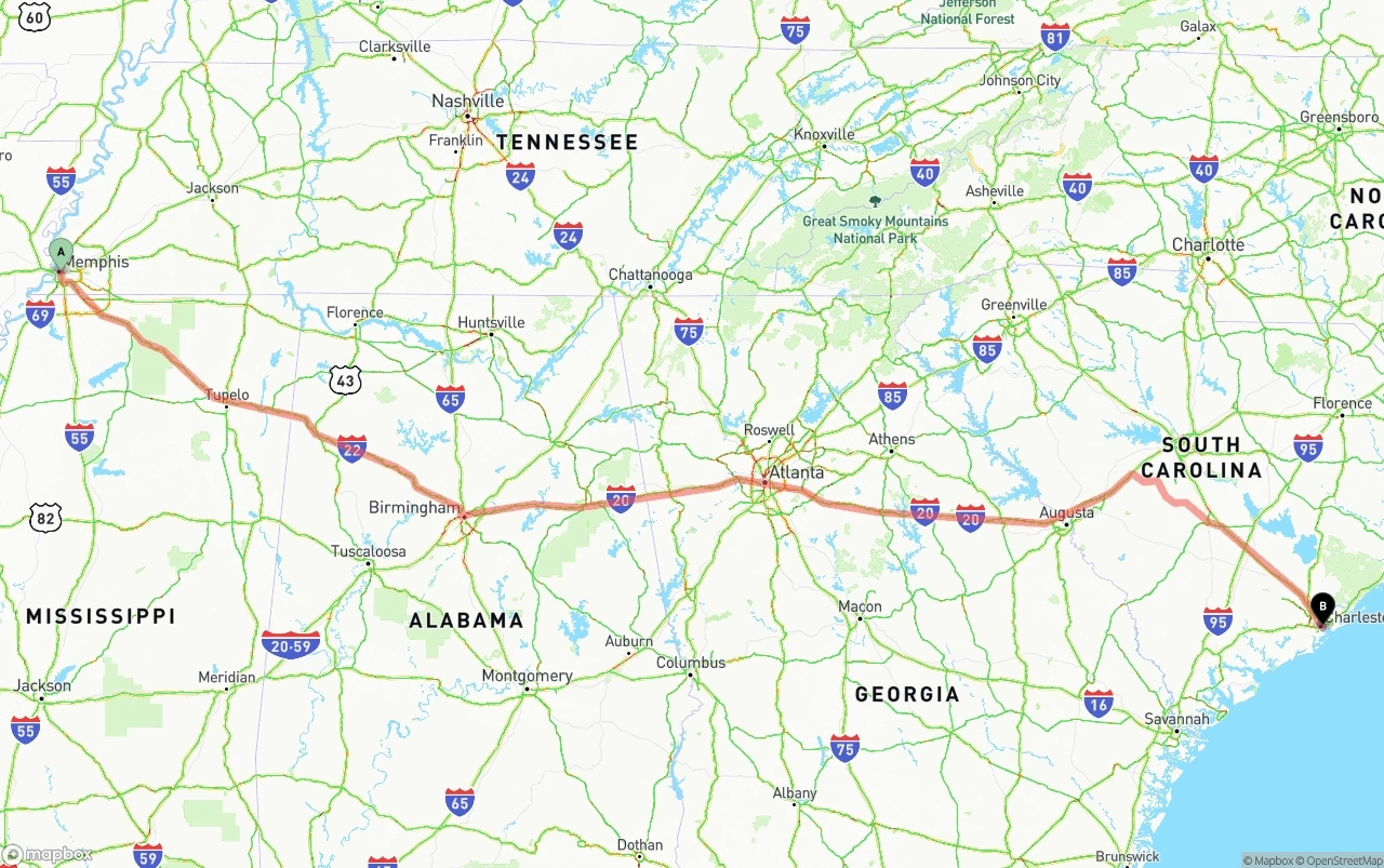 Shipping route from Memphis to Port of Charleston
