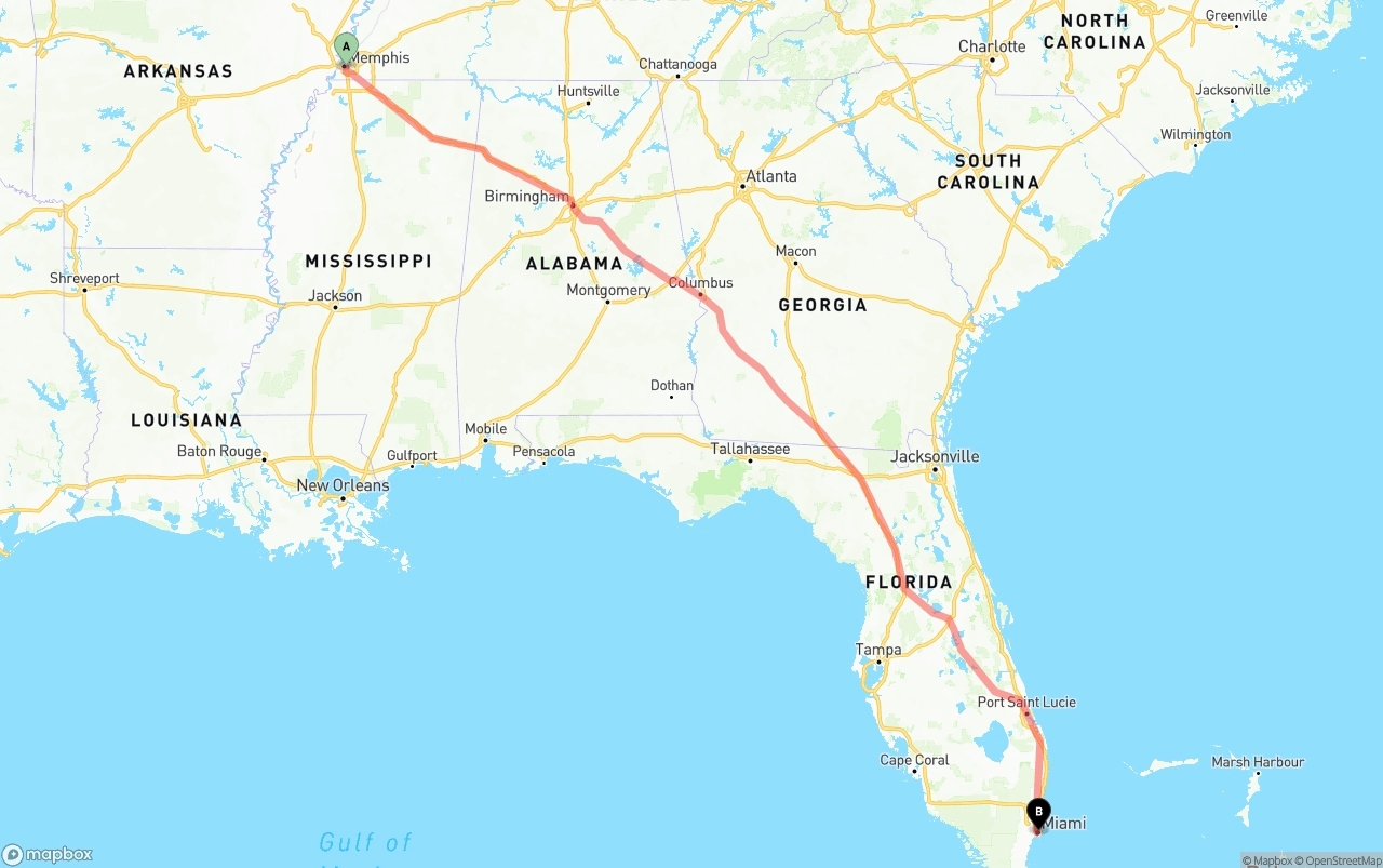Shipping route from Memphis to Port of Miami