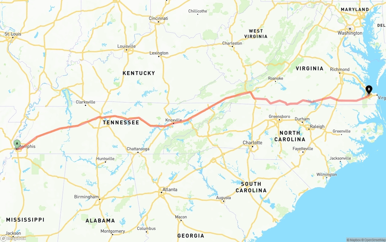 Shipping route from Memphis to Port of Norfolk