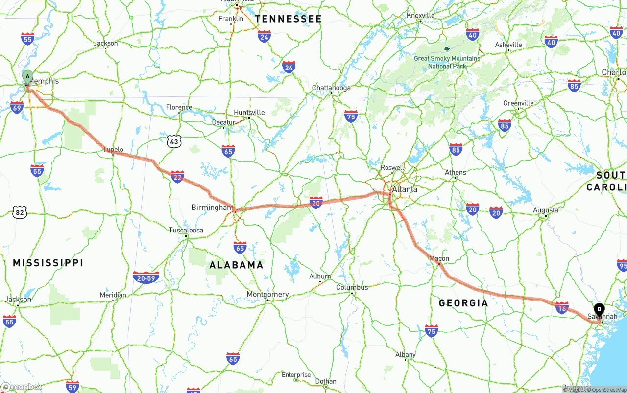 Shipping route from Memphis to Port of Savannah