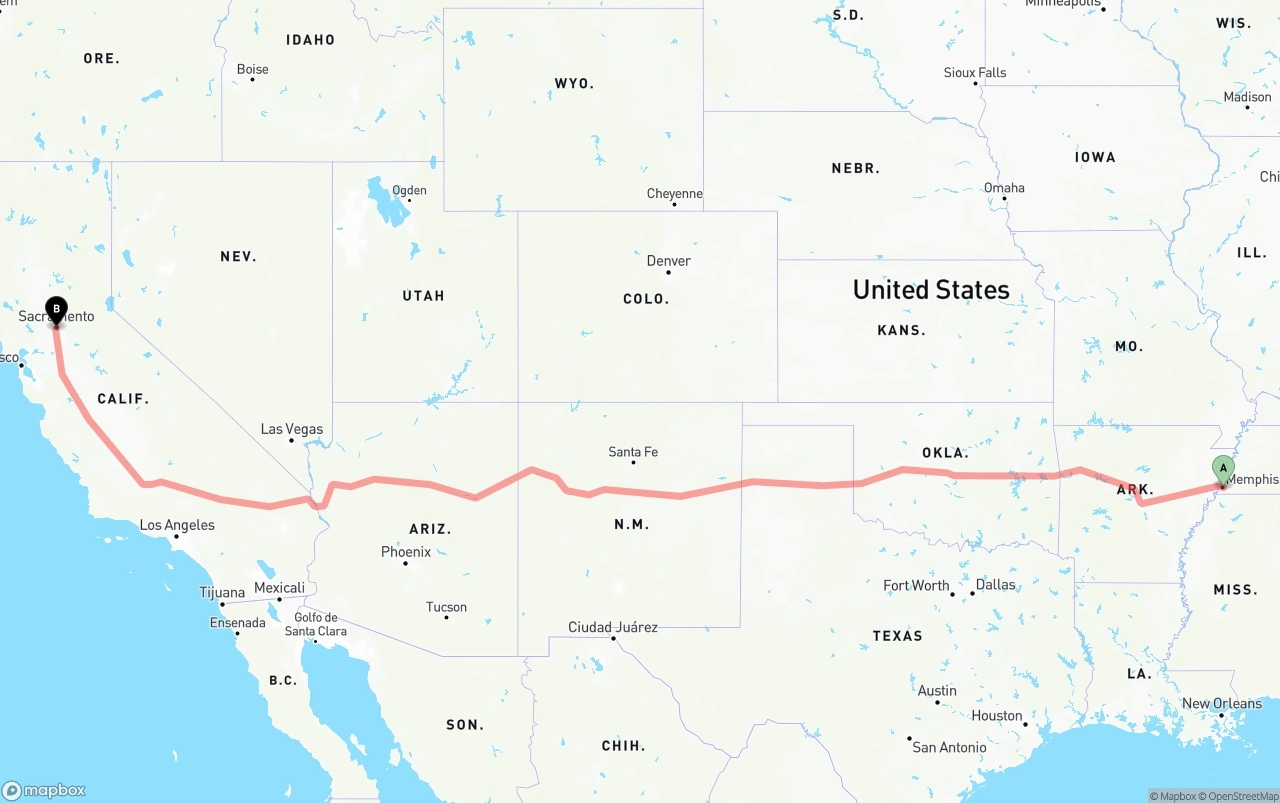 Shipping route from Memphis to Sacramento
