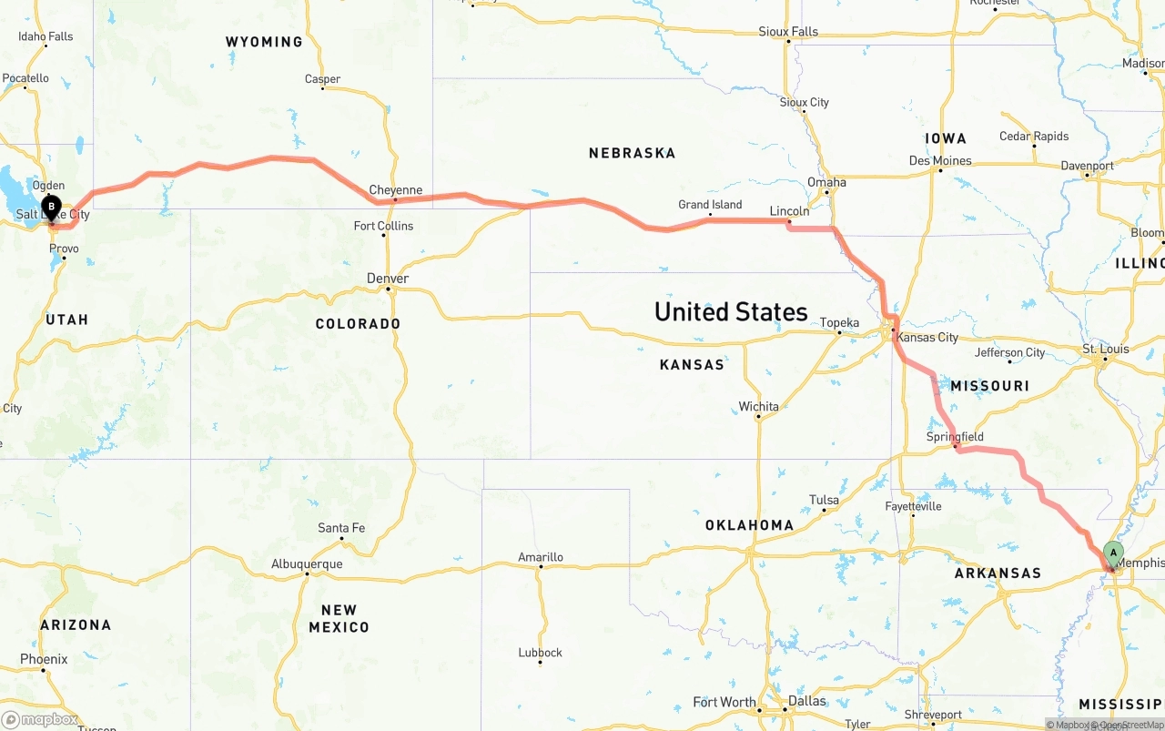 Shipping route from Memphis to Salt Lake City