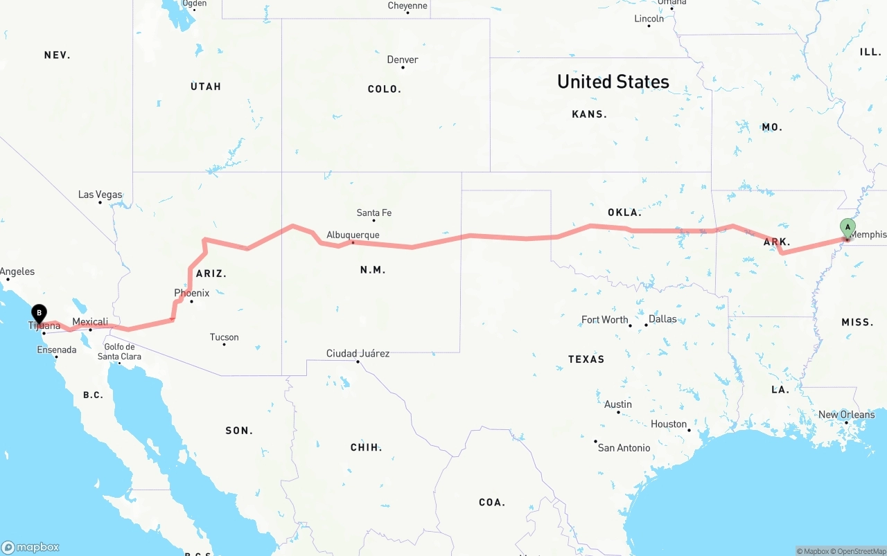 Shipping route from Memphis to San Diego International Airport