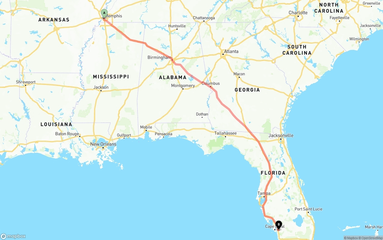 Shipping route from Memphis to Southwest Florida International Airport