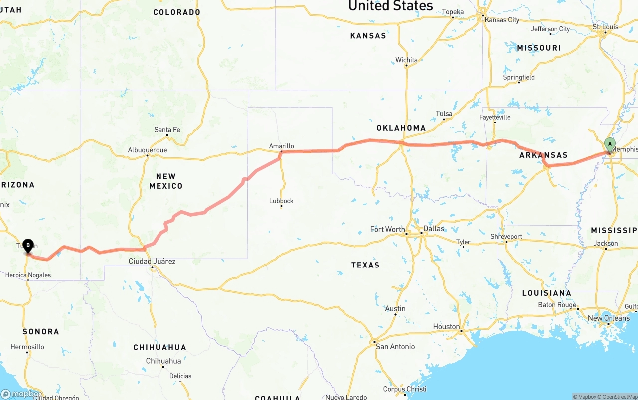 Shipping route from Memphis to Tucson International Airport