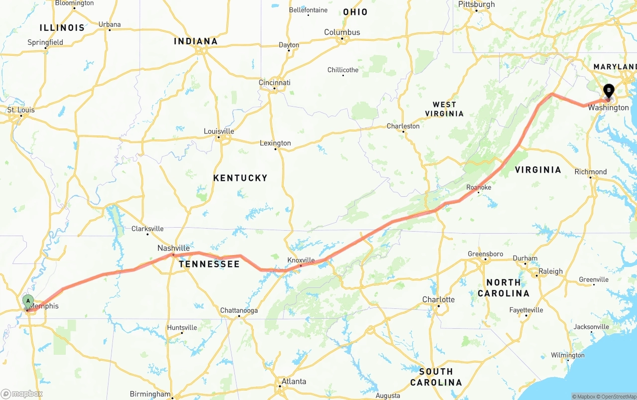 Shipping route from Memphis to Washington D.C.
