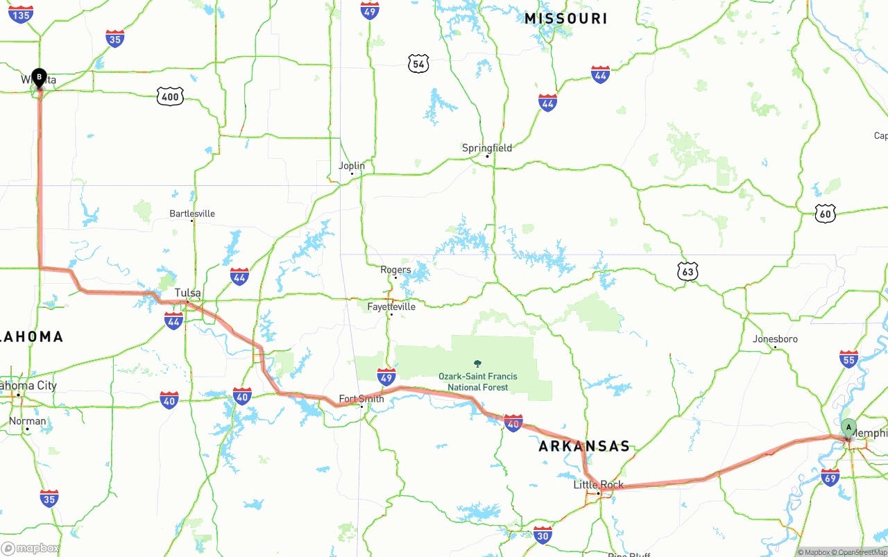 Shipping route from Memphis to Wichita