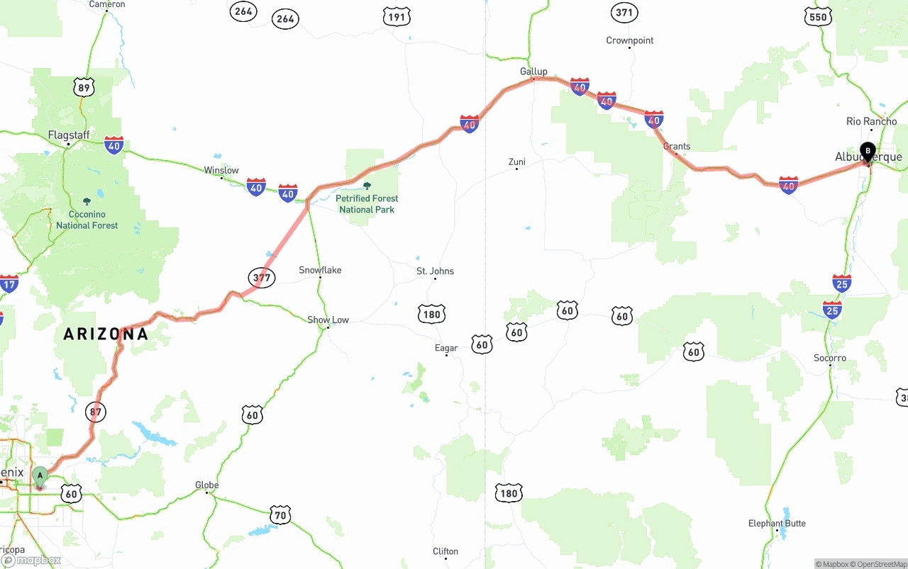 Shipping route from Mesa to Albuquerque