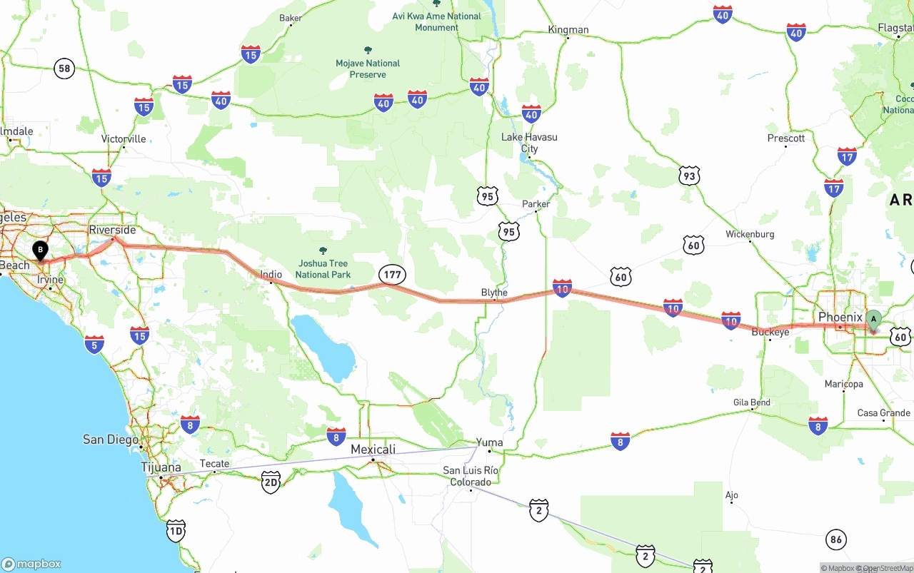 Shipping route from Mesa to Anaheim