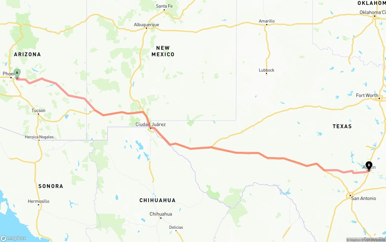 Shipping route from Mesa to Austin