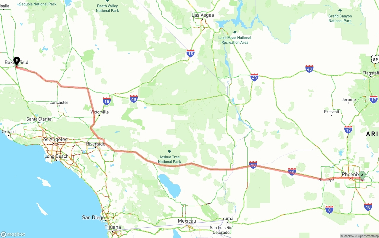 Shipping route from Mesa to Bakersfield