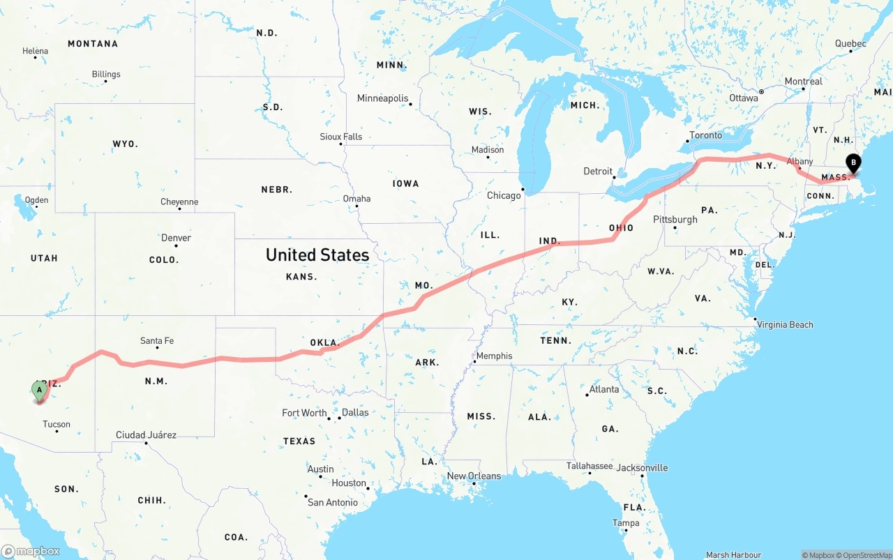 Shipping route from Mesa to Boston
