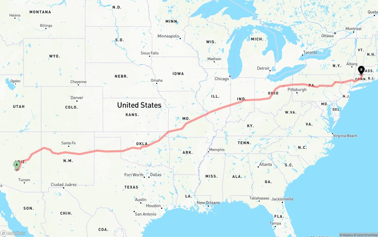 Shipping route from Mesa to Bradley International Airport