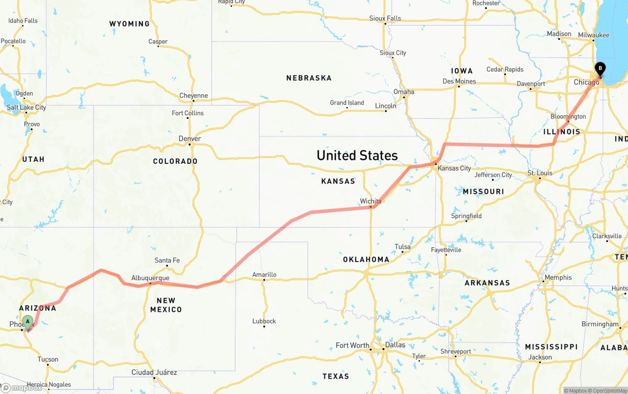 Shipping route from Mesa to Chicago