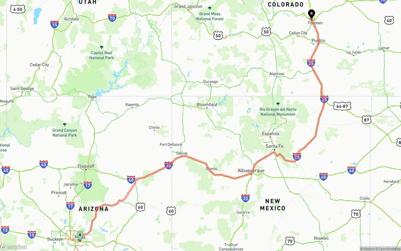 Shipping route from Mesa to Colorado Springs