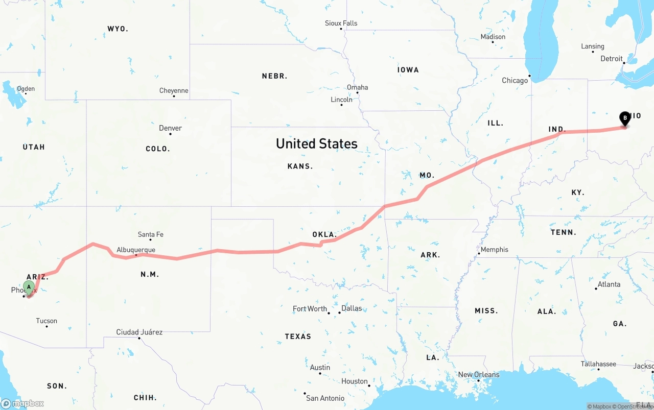 Shipping route from Mesa to Columbus