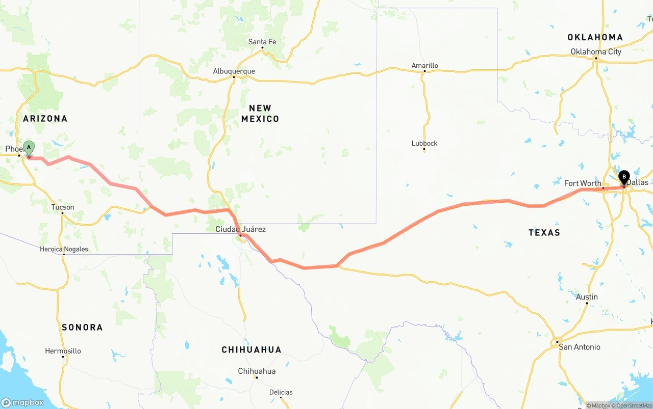 Shipping route from Mesa to Dallas