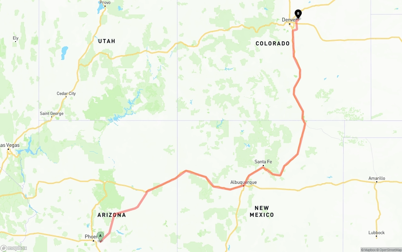 Shipping route from Mesa to Denver International Airport