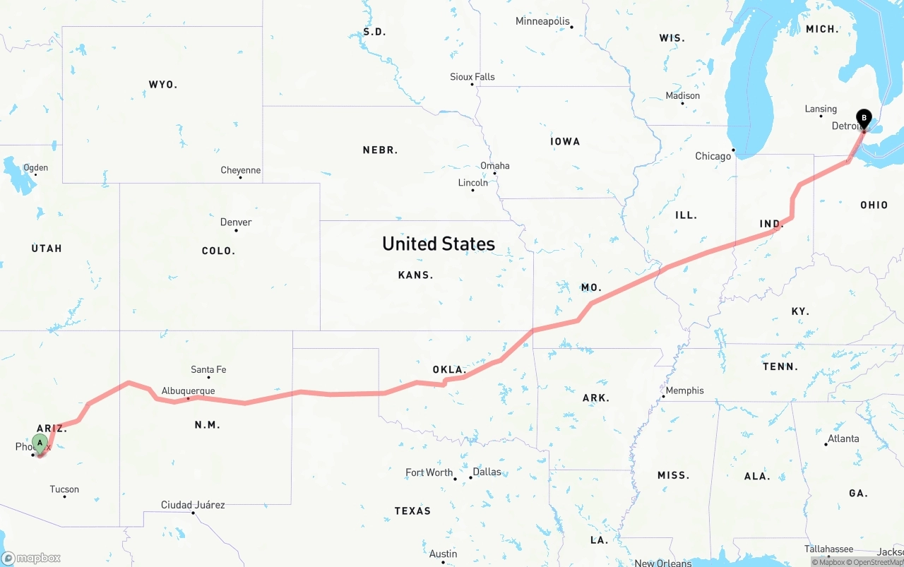 Shipping route from Mesa to Detroit