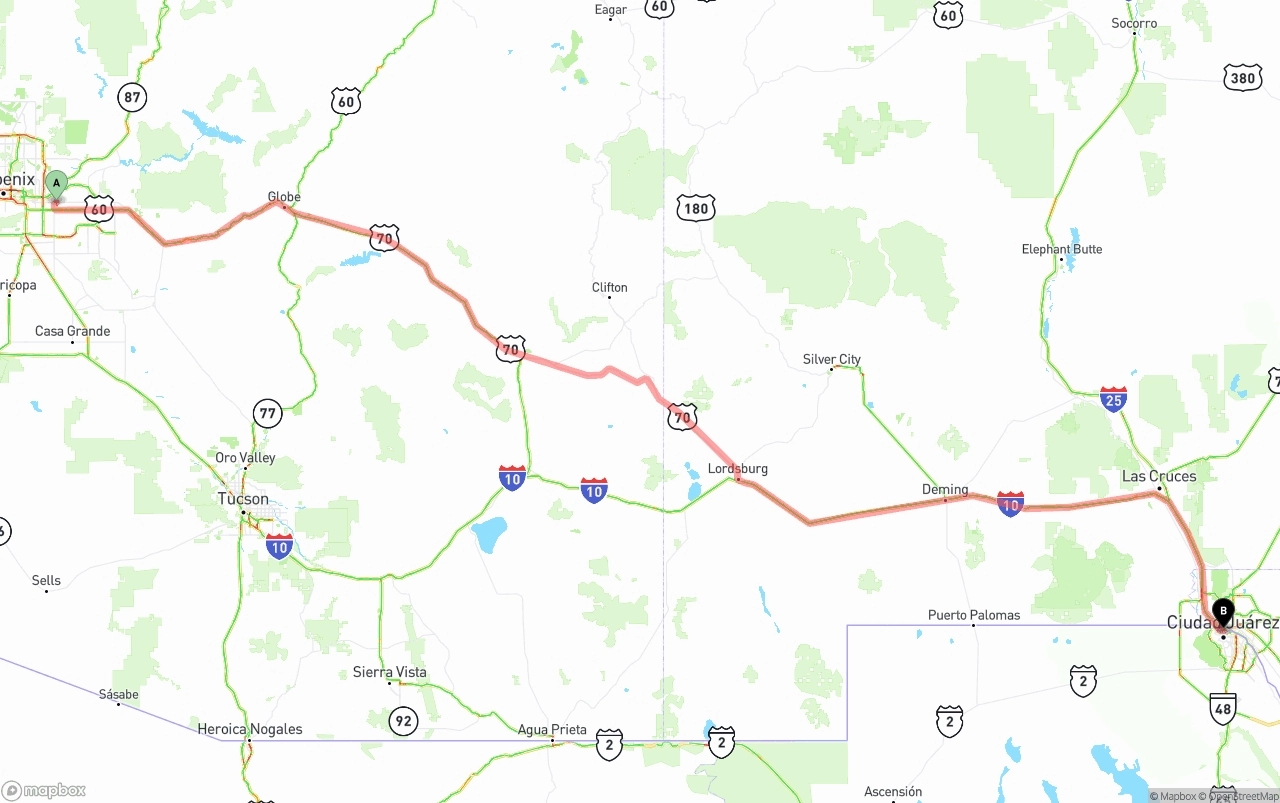 Shipping route from Mesa to El Paso