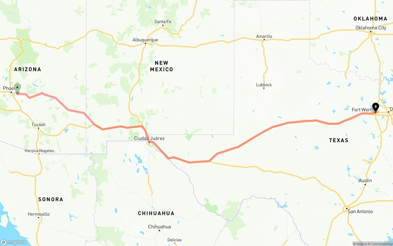 Shipping route from Mesa to Fort Worth