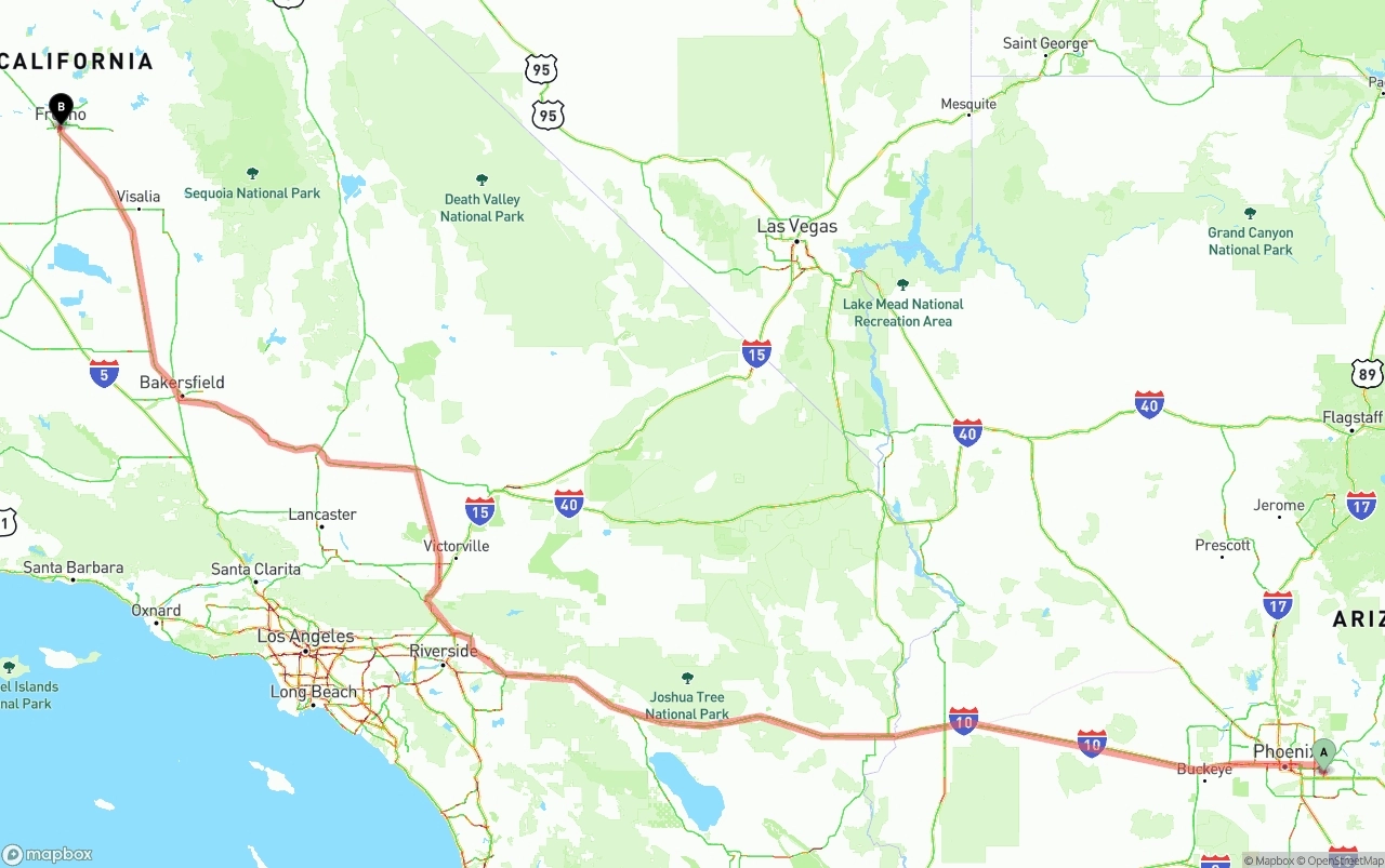 Shipping route from Mesa to Fresno