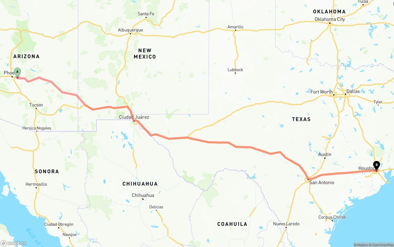 Shipping route from Mesa to Houston