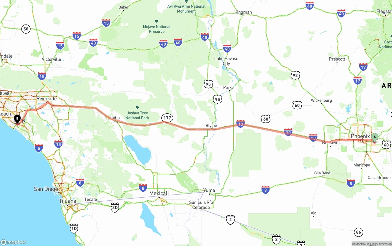 Shipping route from Mesa to John Wayne Airport — Orange County