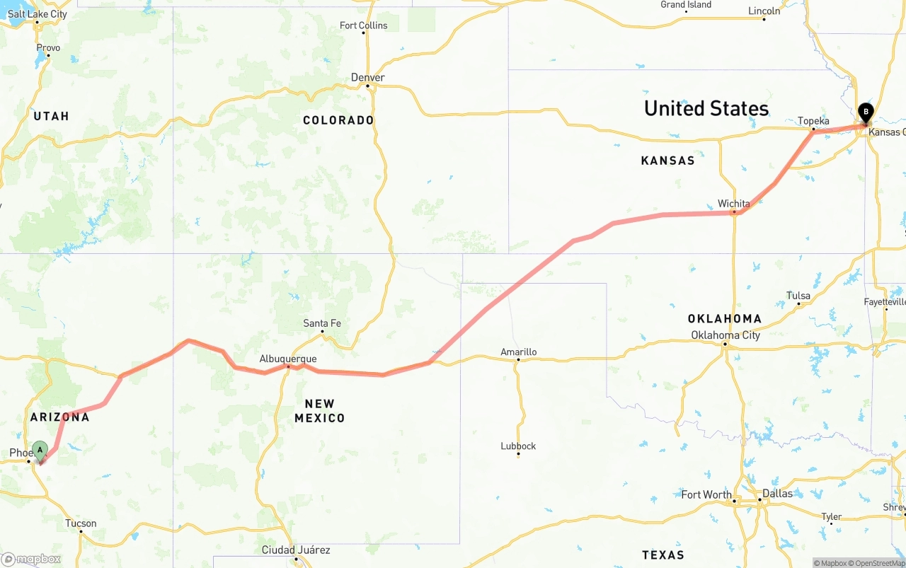 Shipping route from Mesa to Kansas City