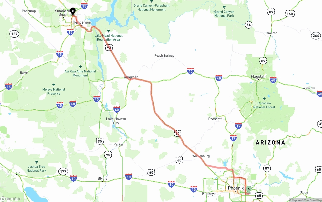 Shipping route from Mesa to Las Vegas