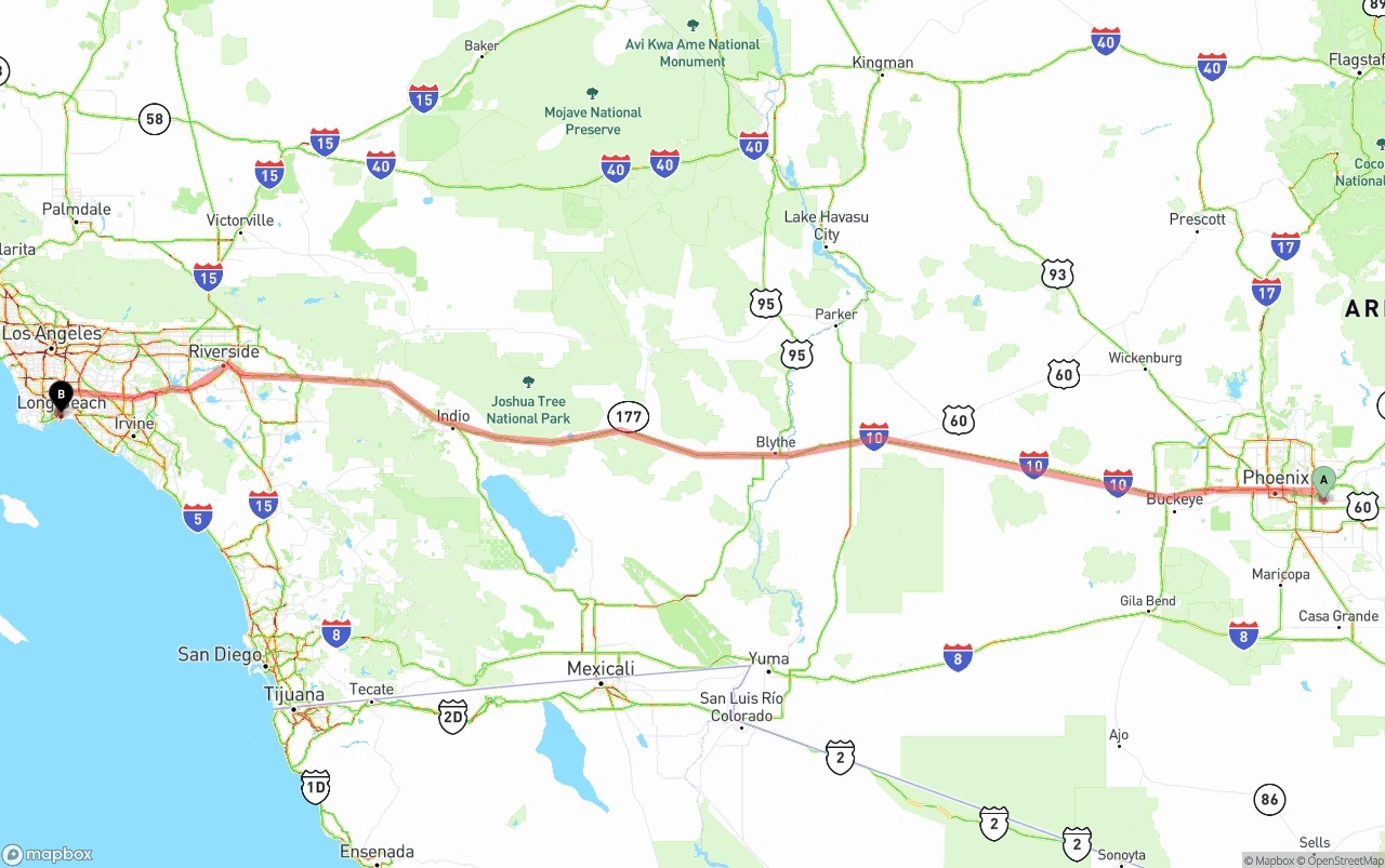 Shipping route from Mesa to Long Beach
