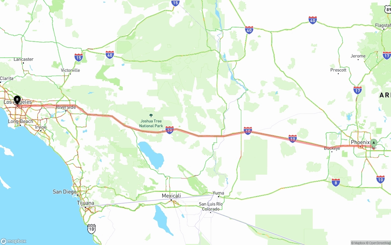 Shipping route from Mesa to Los Angeles