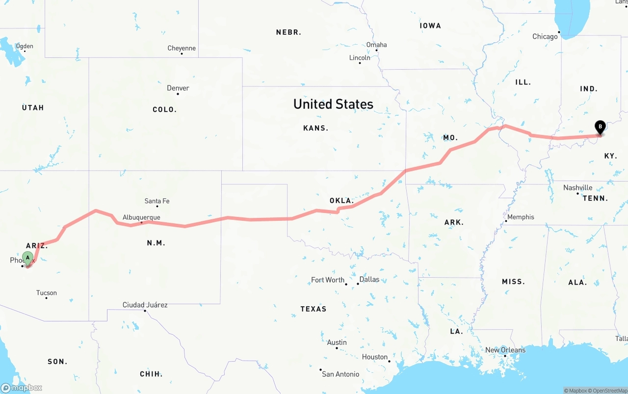 Shipping route from Mesa to Louisville