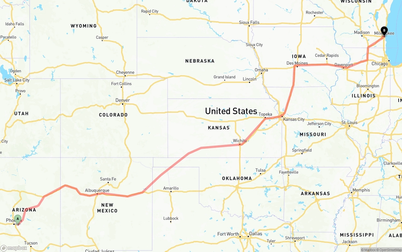 Shipping route from Mesa to Milwaukee