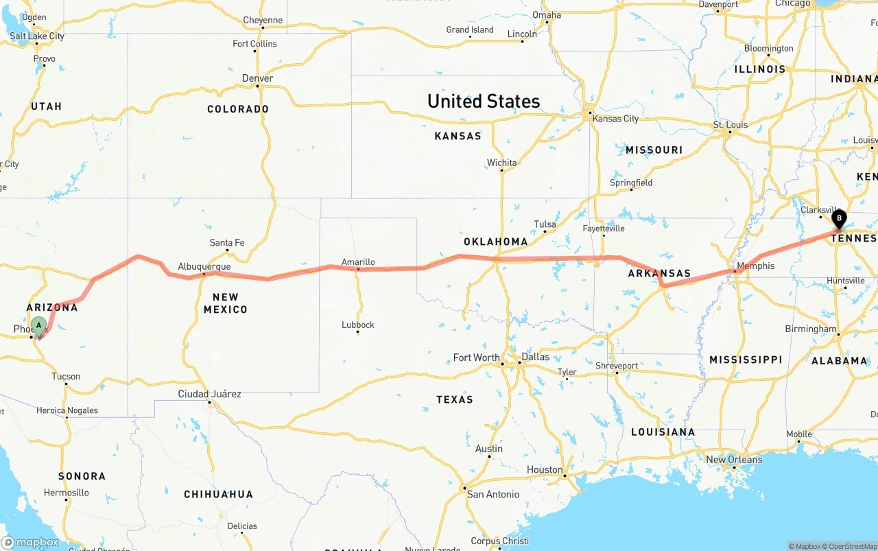 Shipping route from Mesa to Nashville